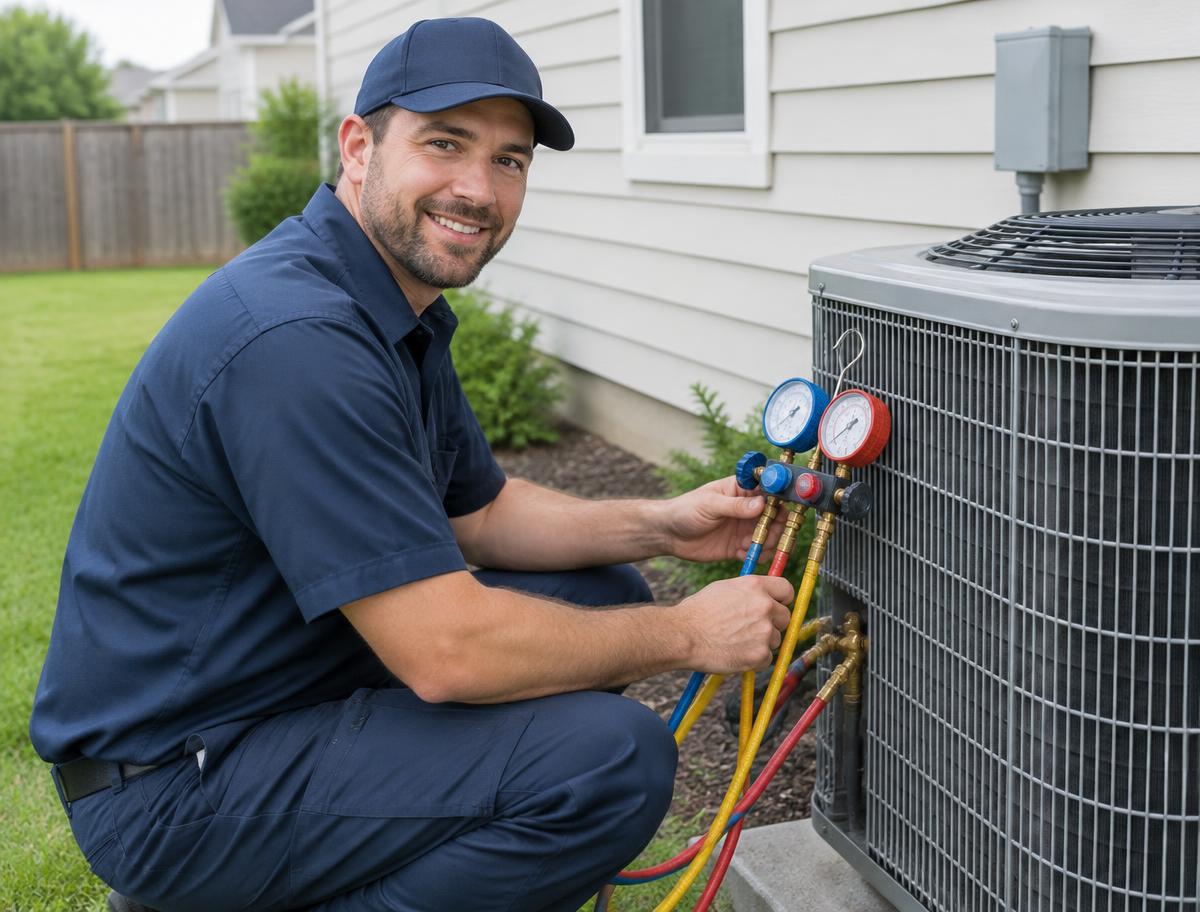 HVAC technician servicing an air conditioning system